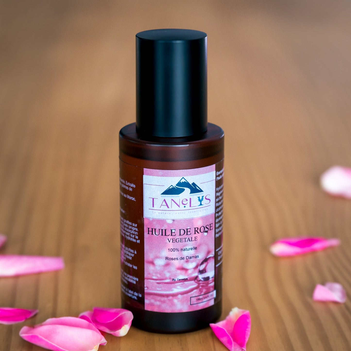 Huile de rose végétale 100% naturelle - TANELYS - Bouteille en verre Pompe