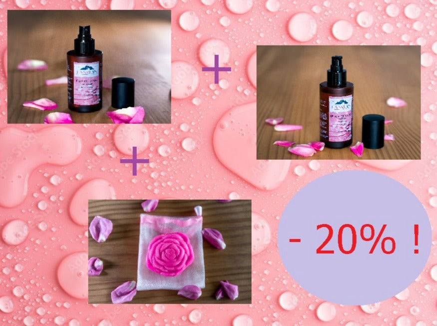 PACK Eau de rose 120ml + huile de rose 120ml + savon à la rose